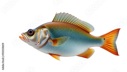 An orange goldfish swims in water on a white background. AI-generated image