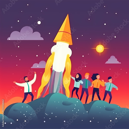 Dream Launch: A vibrant, illustrated depiction of a team's collective ambition as they launch a rocket toward the stars, symbolizing goals and reaching for the future. 