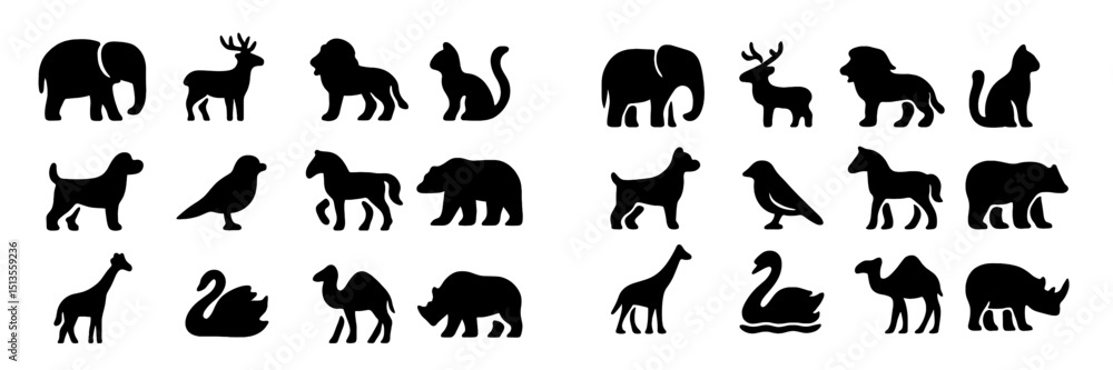 Naklejka premium Diverse silhouettes of various animals displayed on a white background showcasing natural wildlife and domestic creatures