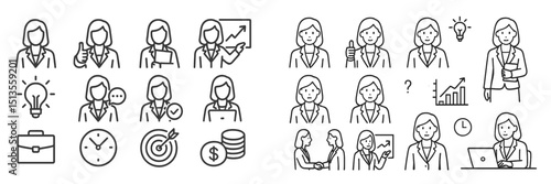 Business-oriented icons representing women in professional scenarios at a modern office setting