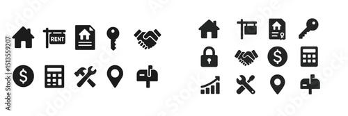 Icons representing real estate and rental processes including contracts and transactions for home leasing
