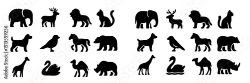 Diverse silhouettes of various animals displayed on a white background showcasing natural wildlife and domestic creatures