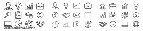 Business icons representing finance, teamwork, and growth in a corporate environment