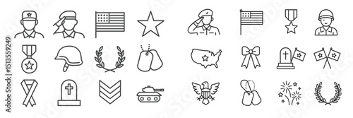 Military symbols and icons representing service, sacrifice, and patriotism in a monochrome style