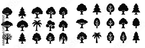 Collection of diverse tree silhouettes suitable for design projects, illustrations, or educational materials