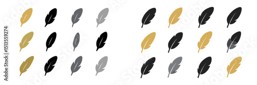 Various feather designs in black, gray, and gold arranged in a symmetrical pattern on a white background showcasing creativity