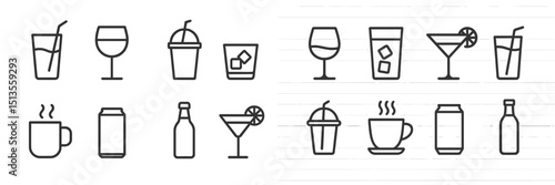 Line art collection of various beverage icons arranged symmetrically on a blank background