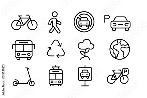 Icons representing various modes of transportation and sustainability practices in urban settings