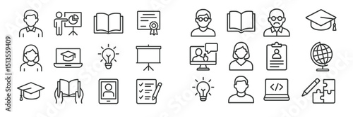 Collection of educational icons representing learning, teaching, and academic achievements in a clean, minimalistic style