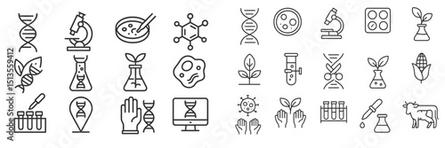 Collection of scientific icons illustrating biology, genetics, and laboratory equipment in a clean, minimalist style