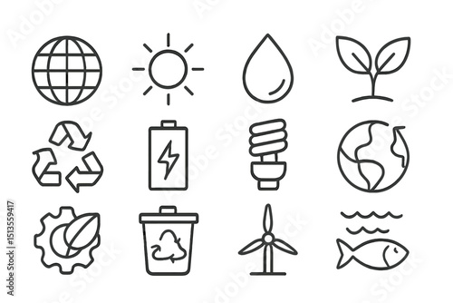 Icons representing environmental sustainability and renewable energy concepts on a clean background