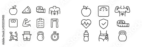 Health and fitness icons representing nutrition, exercise, and wellness activities for a balanced lifestyle