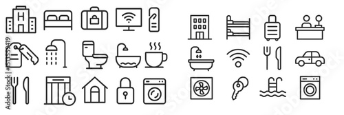 Variety of hotel amenities and services depicted in simple line icons showcasing essentials for travelers and guests