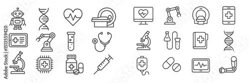 Set of healthcare and technology related icons depicting medical activities and innovations in a clean, modern style