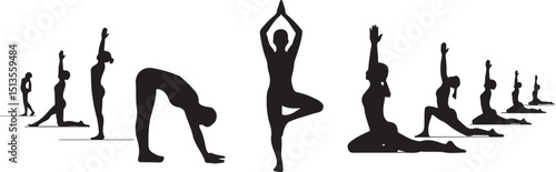 Multiple Yoga Poses Silhouettes Fitness Exercise Wellness