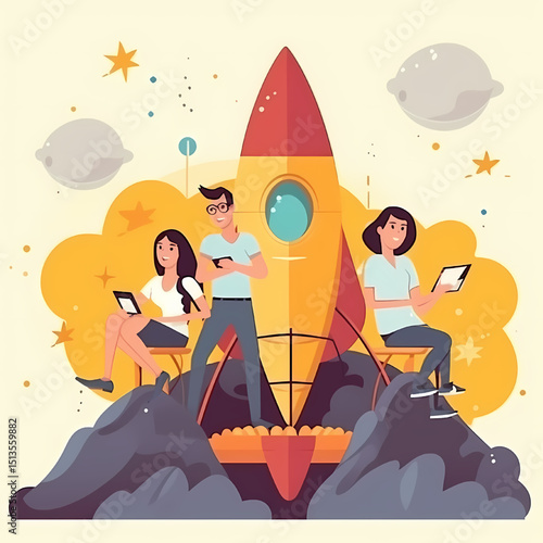 Journey to Innovation: A futuristic team of professionals prepares for a collaborative mission amidst a vibrant, illustrated rocket, symbolizing ambition and forward-thinking progress.