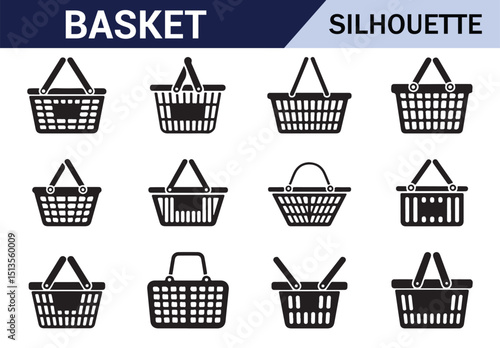 Set of black baskets for grocery and retail shopping, available in different designs.