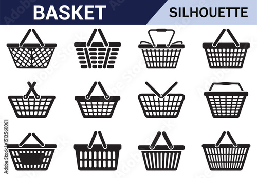 Modern collection of black shopping baskets in various shapes, perfect for retail stores.