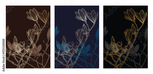 A4 luxurious magnolia line art vector hand drawn illustration. Art print with elegant golden spring flower. Highly detailed and high quality graphic asset for online and print.