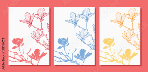 A4 set of magnolia line art vector hand drawn illustration. Art print with beautiful and elegant spring flower. Highly detailed and high quality graphic asset for online and print.