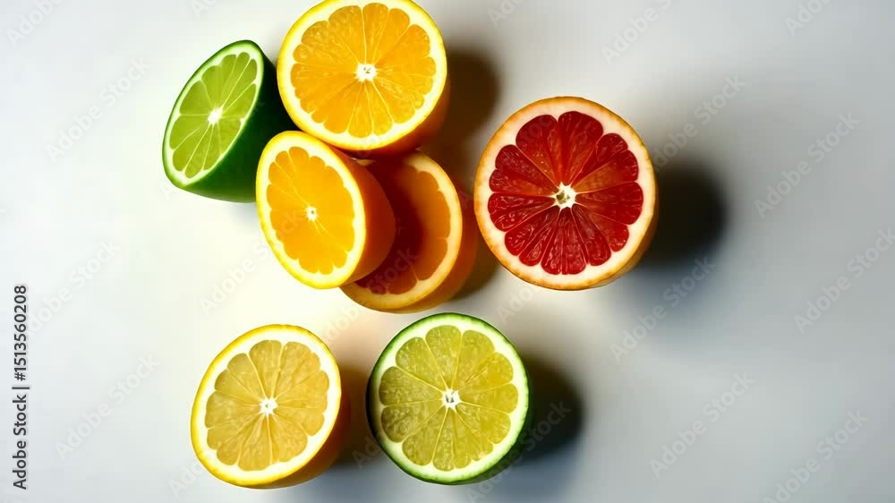 Freshly cut citrus fruits in bright colors like traffic lights are divided into many slices of oranges, lemons and limes and moved in a circle, inviting viewers to enjoy their taste and freshness. Freshly cut citrus fruits in bright colors like traffic lights are divided into many slices of oranges, lemons and limes and moved in a circle, inviting viewers to enjoy their taste and freshness.