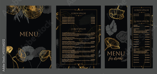 Luxurious food and drinks menu designs. Restaurant menu template. Beautiful vector A4 format with high quality flowers for print and online usage. Saturated hand drawn line art golden poppies. 