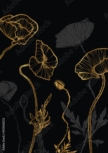 A4 poppy gold bouquet vector hand drawn illustration. Art print with elegant golden flowers on a black background. Highly detailed and high quality graphic asset for online and print. 