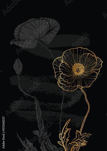 A4, A3 poppy line art vector hand drawn illustration. Art print with yellow and green summer flowers and a pink sketch mark. Highly detailed and high quality graphic asset for online and print.