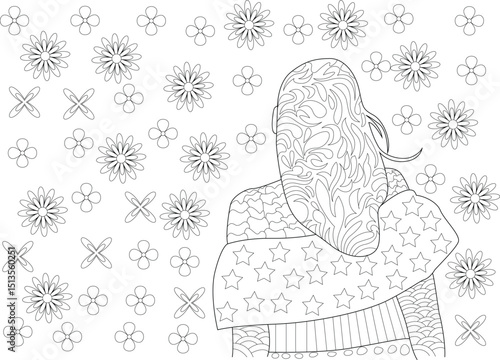 Floral Zentangle Coloring Page with Figure, Black and white line art illustration for adult coloring books. A stylized figure with intricate patterns and a star-patterned garment is surrounded by 