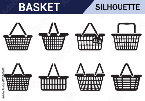 Set of black shopping baskets with various designs for grocery and retail store use.