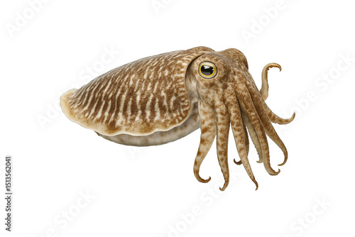 Cuttlefish isolated on white background. High-resolution image perfect for seafood menus, culinary content, marine biology references, educational materials, squid, octopus, clipping path, transparent