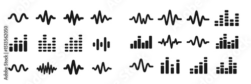 Diverse sound wave and audio frequency icons arranged in a grid pattern in black and white design