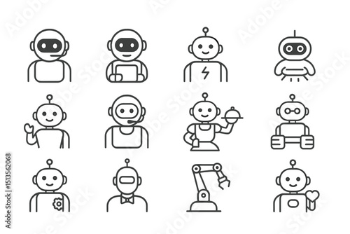 Robot illustrations showcasing diverse roles and functions in a modern digital environment featuring various designs and expressions