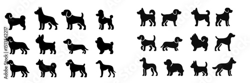 Silhouettes of various dog breeds in playful poses, showcasing diversity in size and shape during a creative design session