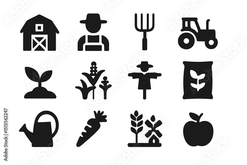 Farming icons representing agricultural activities and tools in a minimalist design suitable for various uses