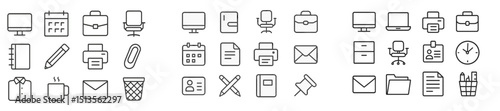 Collection of office-related icons illustrating various tasks and tools in a modern workspace setting during daytime