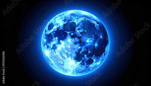 Blue Super Moon Glowing With Blue Halo Isolated On Black Background