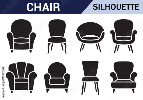 Variety of chair silhouettes in black and white, ideal for contemporary interior design.