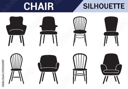 Set of black and white chair silhouettes, showcasing various elegant designs for home decor.