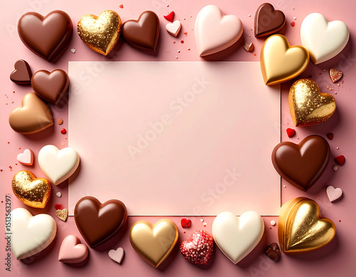 Valentine's Day frame made of chocolate heart candies on a pale pink background. Includes glossy, matte, and gold-wrapped chocolates, surrounded by tiny heart sprinkles and cocoa dust.