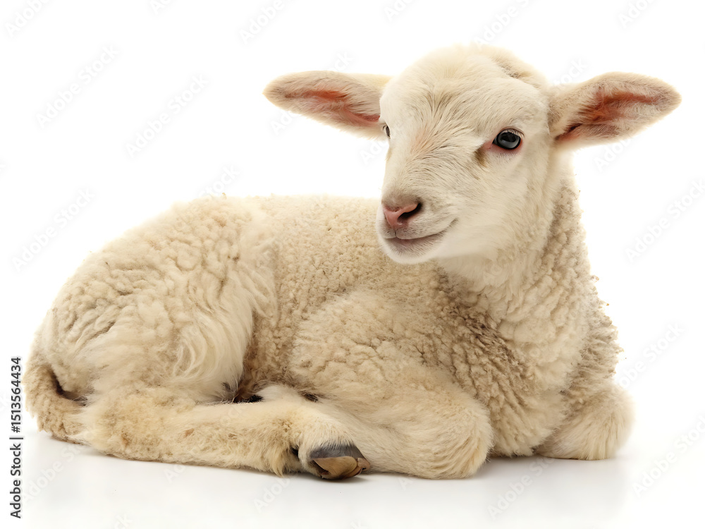 Fototapeta premium A small lamb with white wooly fur is lying down on a white background in a studio setting looking cute