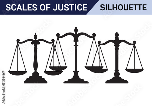 Collection of black and white justice scales, symbolizing fairness and balance