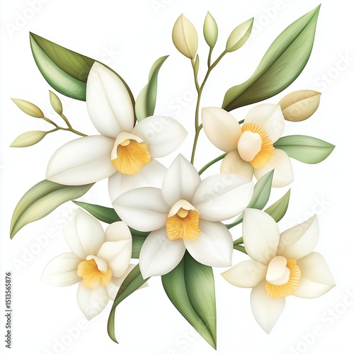 Delicate Watercolor Painting of White Orchids and Daffodils