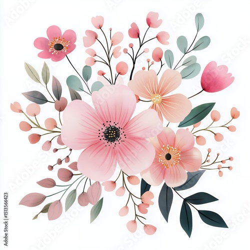 Watercolor Pastel Pink Flower Bouquet Soft Floral Illustration