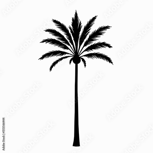 Stylized black silhouette of a tropical palm tree on a white background ideal for design elements and decorative purposes