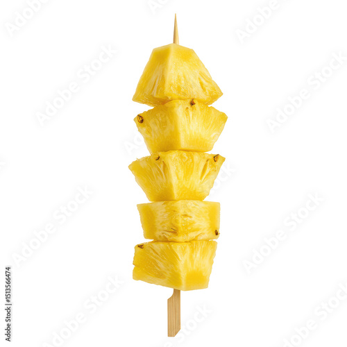 Delicious pineapple chunks skewered on a wooden stick, isolated against a white background