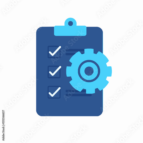 Checklist with gear icon representing tasks accomplished and system settings related to the business project management and optimization