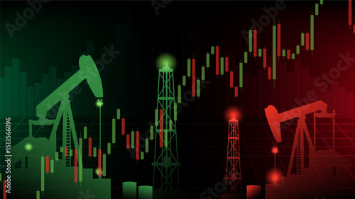 Stock market graph of oil prices showing candlestick chart with pump jack silhouettes