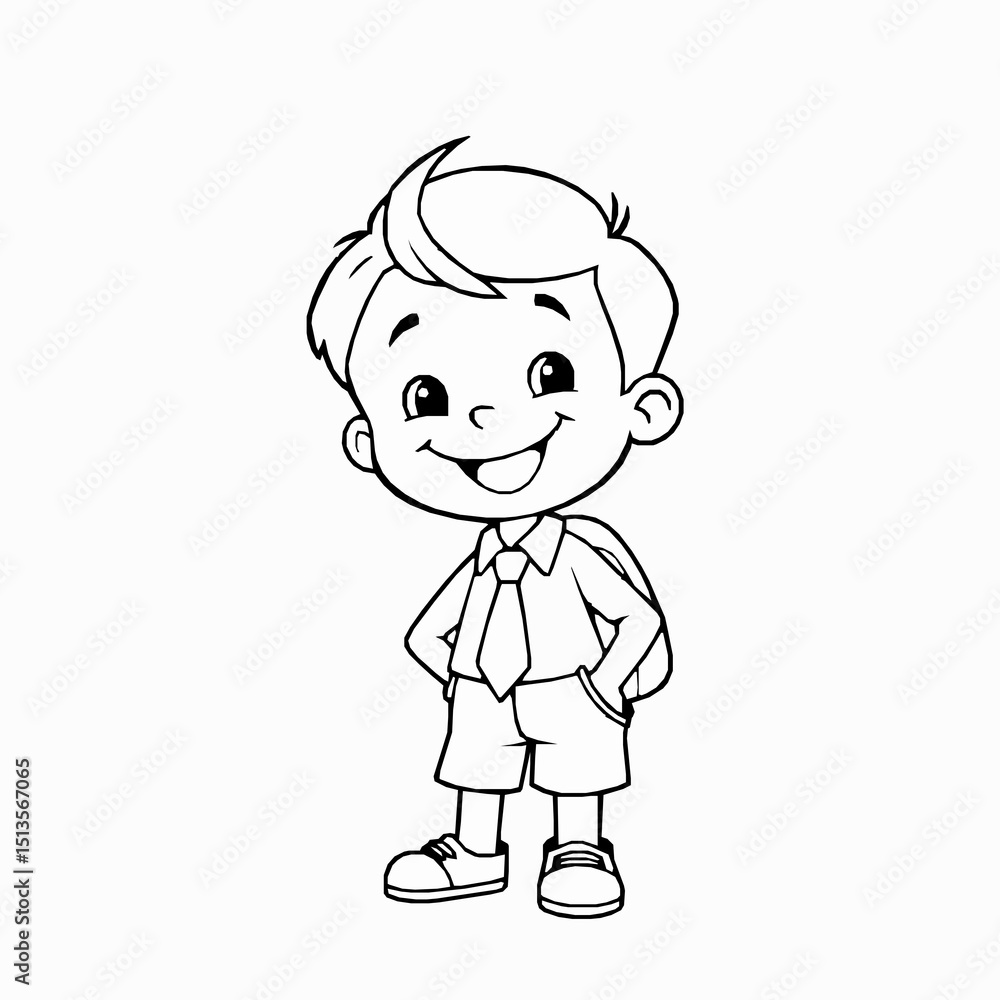 Smiling schoolboy cartoon character with a backpack in black and white outline ready for learning and education Smiling schoolboy cartoon character with a backpack in black and white outline ready for learning and education