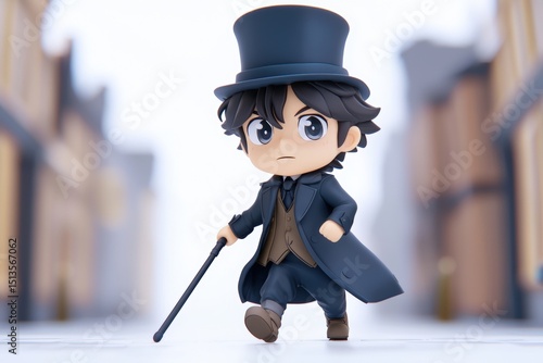 Charming nendoroid gentleman figurine walking city street